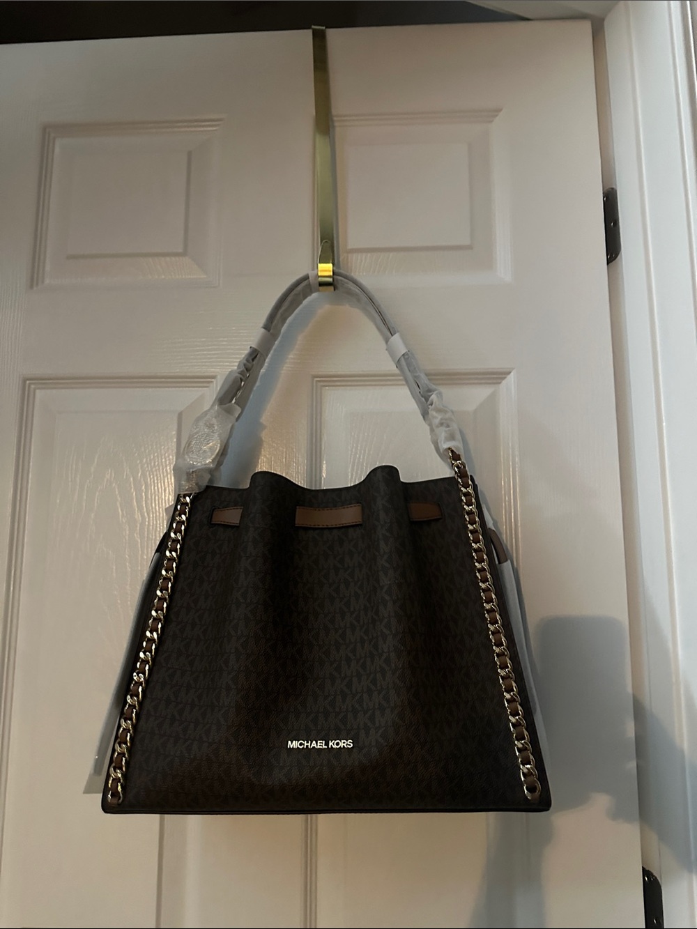 Michael Kors Dark Brown Signature Mina Shoulder Bag with Gold Chain Accents